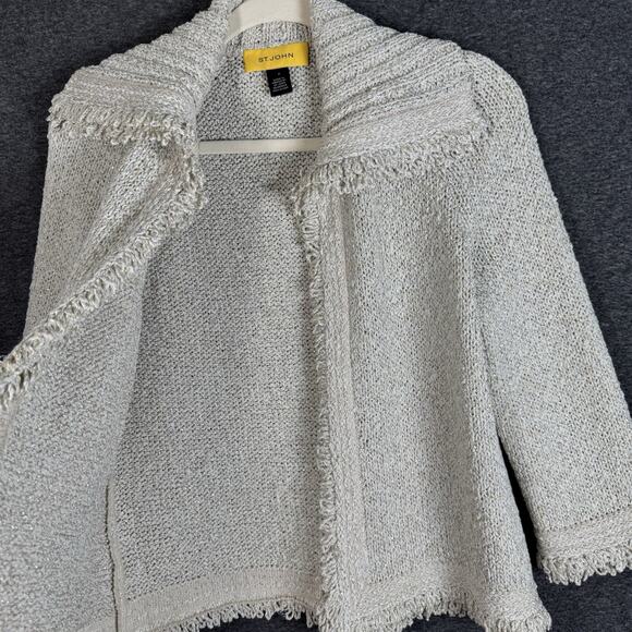 ST.JOHN Women’s Knit Cardigan Jacket Sweater P Petite Beige Metallic Fringe Trim - Picture 2 of 11